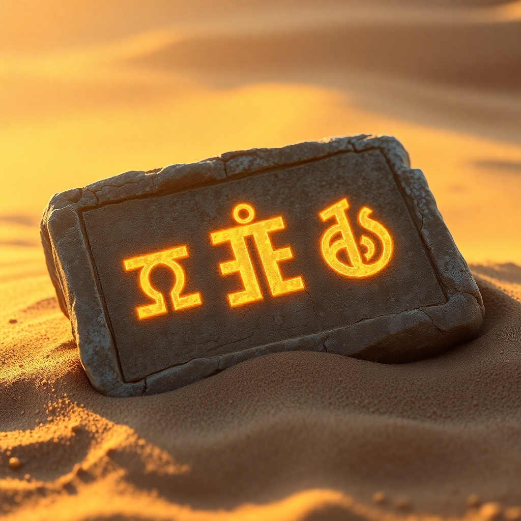A photorealistic depiction of a weathered stone tablet covered in glowing, intricate symbols. Light emanates from the symbols, casting soft shadows on the surrounding stone. The tablet is partially buried in sand, suggesting its ancient origins. The color palette is warm and earthy, with hints of gold and blue in the glowing symbols. A close-up shot focuses on the details of the symbols and the texture of the stone. The environment is a desert landscape, bathed in the warm light of the setting sun. Technical specifications: 4K resolution, hyperrealistic detail.