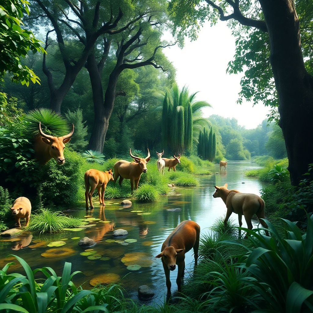 A photorealistic depiction of the Garden of Eden, focusing on the animals and the untouched purity of nature. Lush greenery, clear water, and a sense of perfect harmony dominate the scene. The lighting is soft and diffused, creating a peaceful and inviting atmosphere. The camera angle is wide, capturing the vastness and beauty of the garden. 4K resolution.