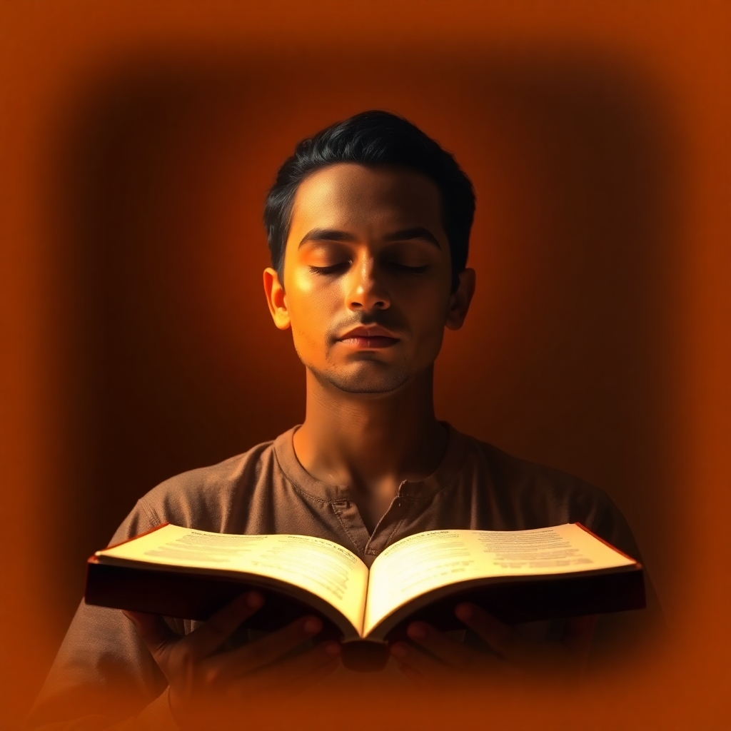 A photorealistic depiction of a person meditating with scriptures illuminated around them. The light from the scriptures reflects on the person's face creating a warm and holy atmosphere. The color palette is warm with shades of orange and yellow. The style should be photorealistic, emphasizing the spiritual and harmonious aspects. 4K resolution.