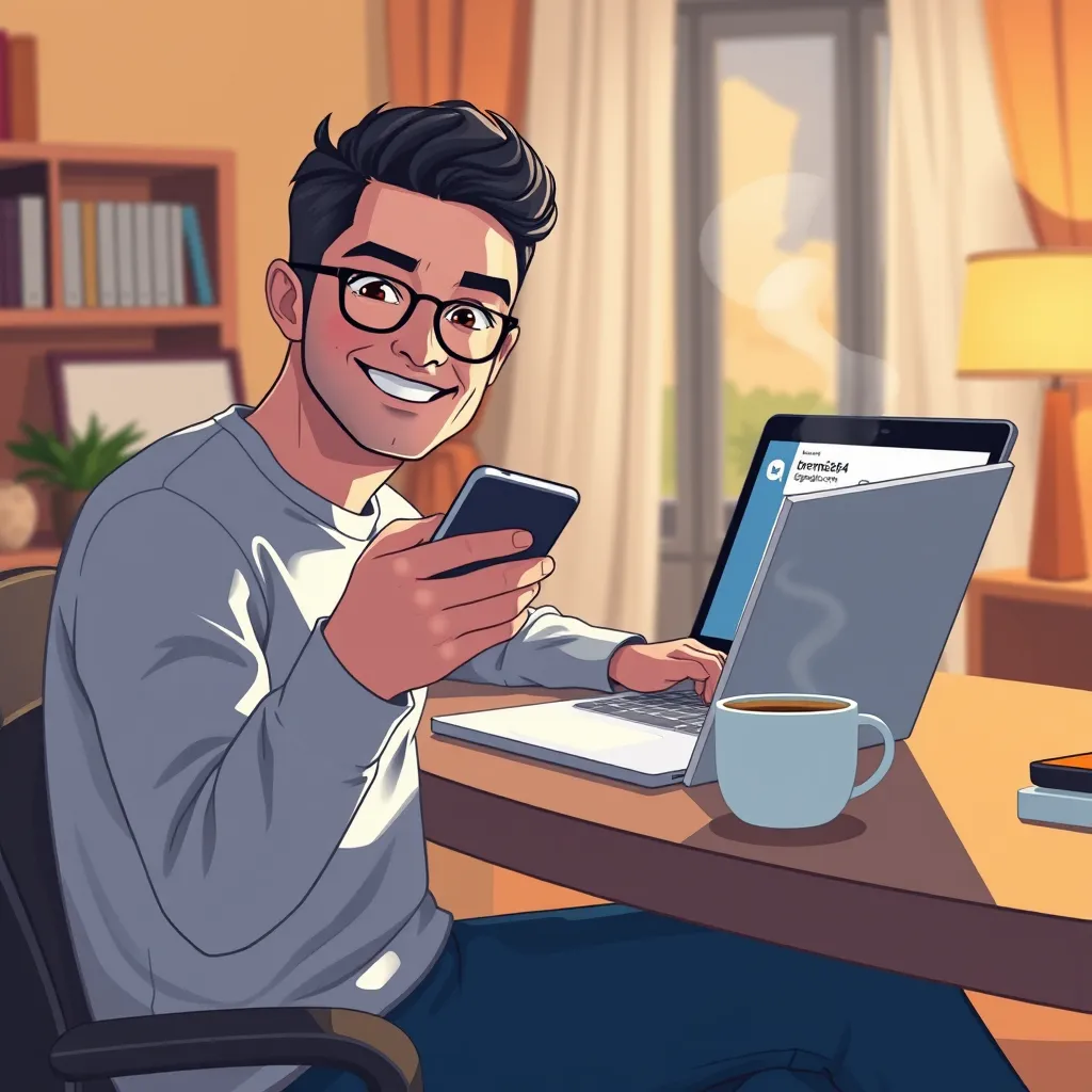 A photorealistic illustration of a person sitting at a desk with a laptop and a steaming cup of coffee. They are smiling and looking directly at the viewer, holding a smartphone in their hand, while the screen of the laptop displays a message with the email address 'brendan864@gmail.com'. The background should be a warm and inviting home office.