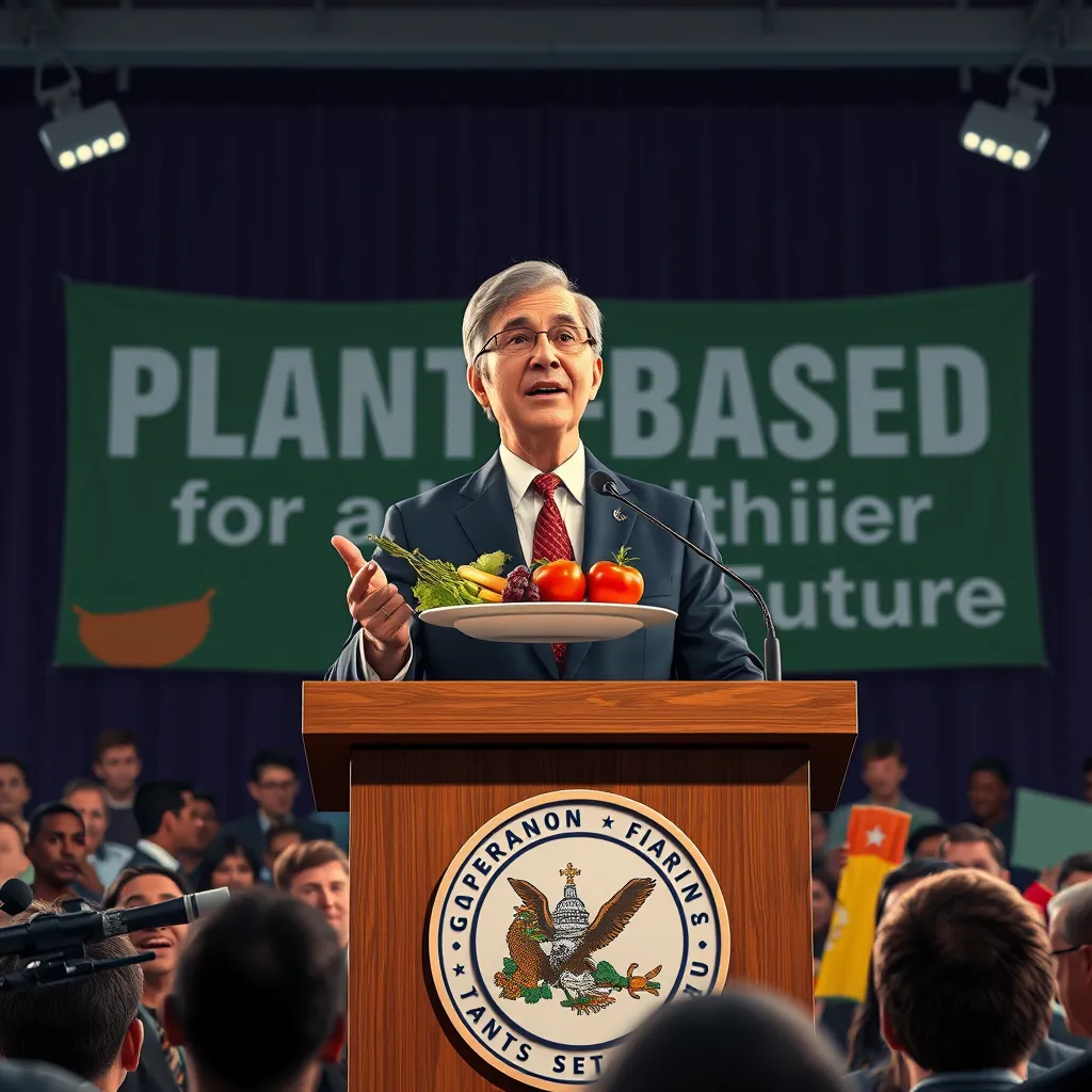 A photorealistic illustration depicting a government official standing on a podium, addressing a crowd about the benefits of a plant-based diet. The official holds a plate with colorful fruits and vegetables, while behind them, a large banner reads 'Plant-Based for a Healthier Future.'