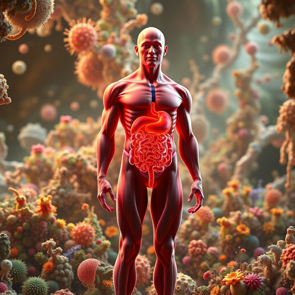 A photorealistic illustration showing a healthy immune system, represented by a vibrant and strong human body, standing confidently against a backdrop of a flourishing and diverse gut microbiome. The image should use a stylized and artistic approach, symbolizing the strength and resilience of the immune system supported by a healthy gut.