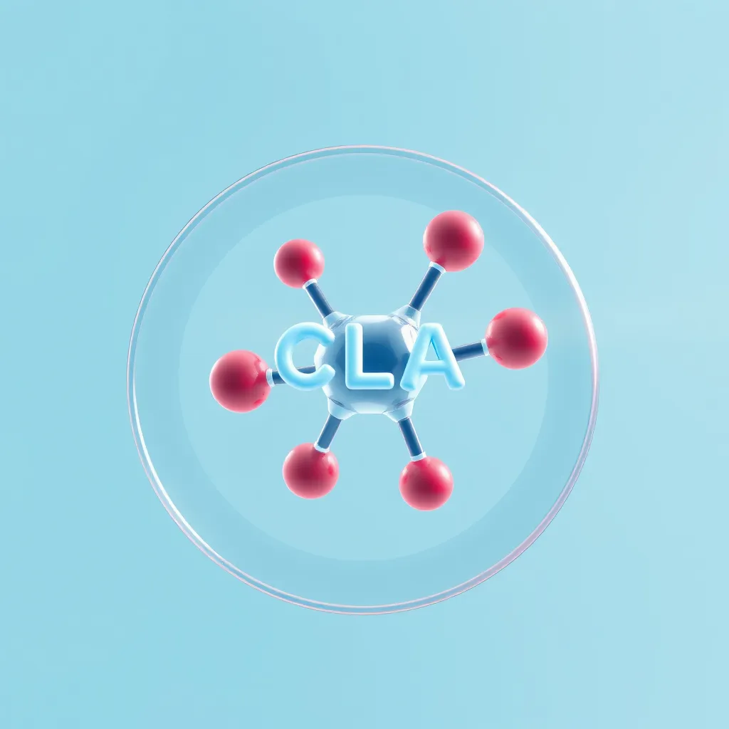A photorealistic illustration of a single molecule of CLA (conjugated linoleic acid) in a vibrant, detailed 3D model. Surround the molecule with a circular frame highlighting its role in reducing inflammation, boosting immunity, and promoting overall well-being. The background should be a soft, pastel blue, symbolizing health and wellness.