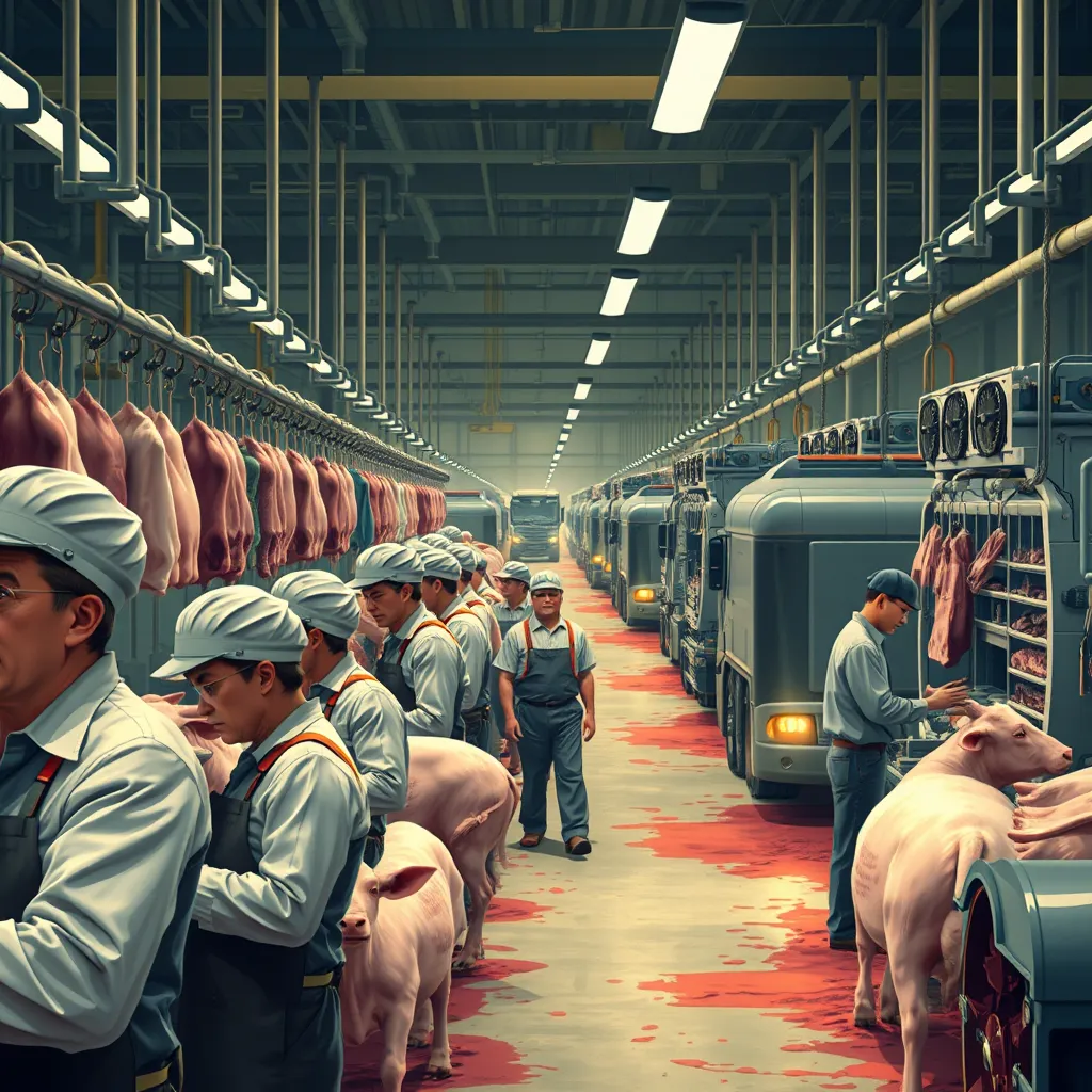 A photorealistic illustration of a busy meat processing plant with workers and machinery. The image should convey a sense of disruption, with workers looking stressed and machinery malfunctioning or breaking down. The background should show a line of trucks waiting to deliver livestock to the plant, highlighting the potential for bottlenecks.