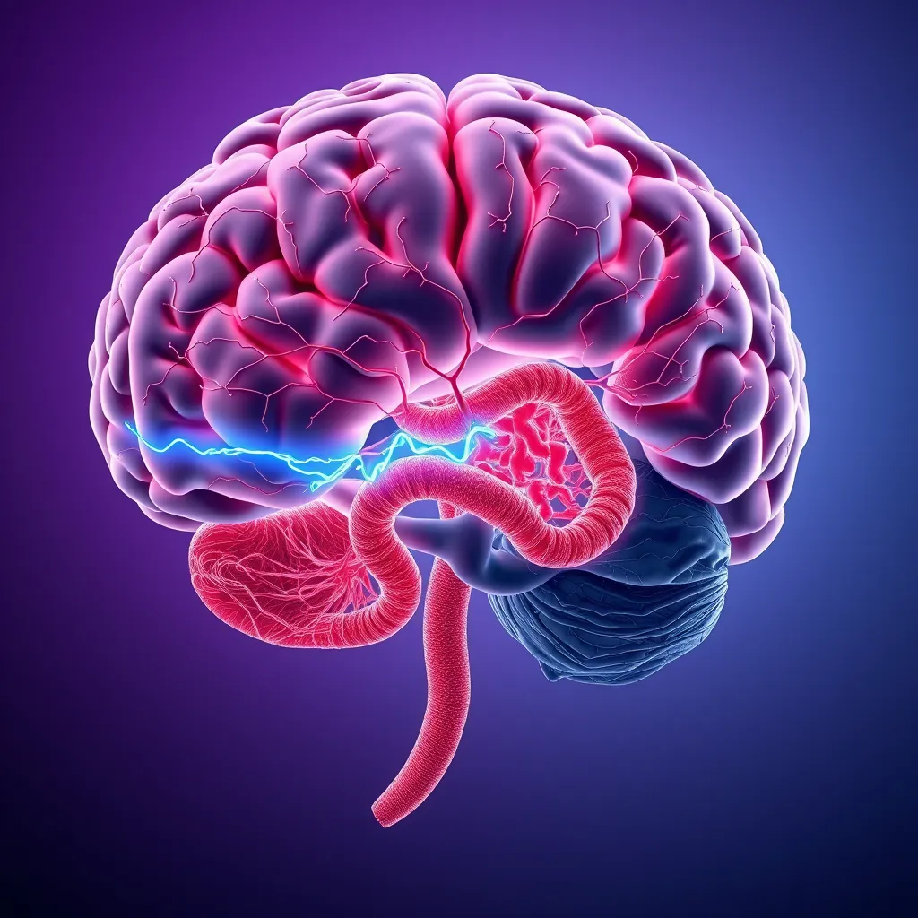 A photorealistic illustration of a human brain with a section cut away revealing a complex network of neurons and blood vessels, connected by a glowing blue line to a healthy, pink intestine filled with beneficial bacteria. The background is a subtle gradient of purple and blue, suggesting the connection between the gut and brain.