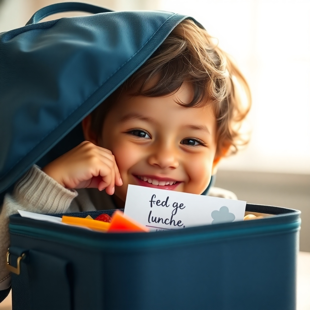 A photorealistic image, 4K resolution. Show a child happily placing an affirmation card in their lunchbox. The image should be bright and cheerful, with soft, natural lighting. The child should be smiling and appear confident.  Use warm, inviting colors, and focus on the child's joyful expression. Include realistic details like textures of lunchbox and card.