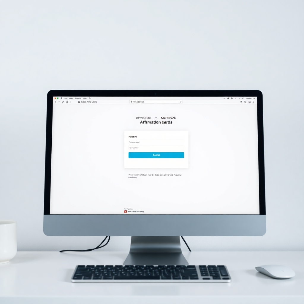 A photorealistic image, 4K resolution. Show a computer screen displaying the download page for the affirmation cards.  The background should be soft and uncluttered.  Focus on a clean and simple interface showcasing ease of use.  Use soft, neutral color palette.