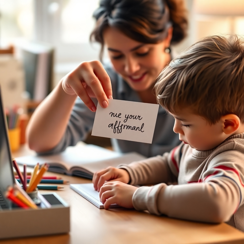 A photorealistic image, 4K resolution, showing a parent gently placing an affirmation card onto their child's desk/workspace. The image should be warm, inviting and demonstrate affection. The child should be reading or drawing. Use soft, natural lighting to capture a cozy and affectionate moment.  Focus on a realistic setting.