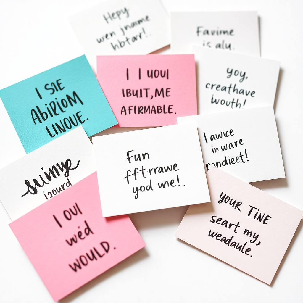A photorealistic image, 4K resolution, close-up shot of several affirmation cards, highlighting the fun, bold designs and clear typography. Use a lightbox background for maximum contrast and clarity. The lighting should be soft, highlighting card colors and textures. Style should look professional and engaging.