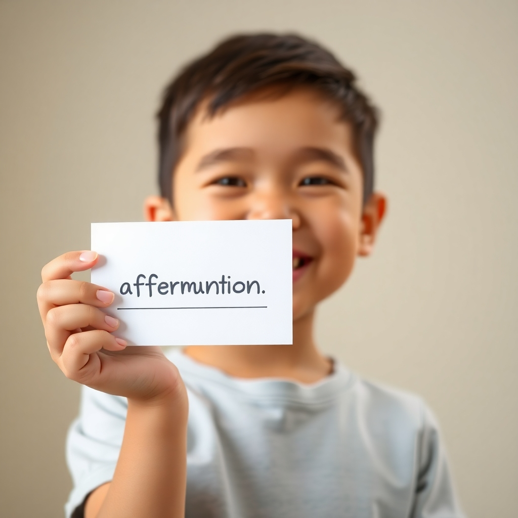 A photorealistic image, 4K resolution.  Show a child proudly displaying an affirmation card. The child should look joyful and confident. Use a bright, uplifting color palette with soft, natural lighting.  Focus on the child's positive expression and the card's bright colors.