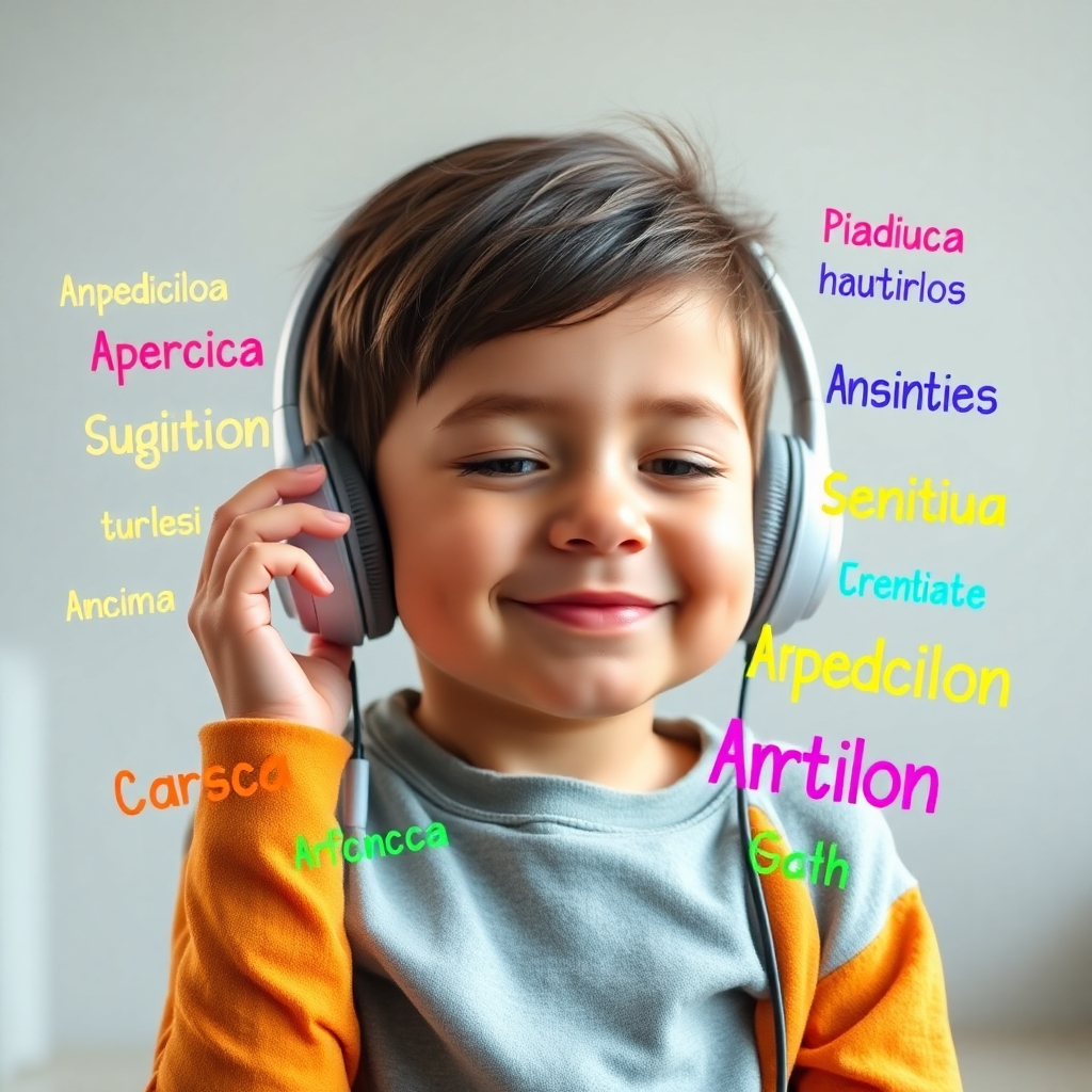 A photorealistic image, 4K resolution, depicting a child calmly and happily listening to headphones, with animated colorful Spanish and English words appearing around them as a visual representation of the affirmations entering their minds. The scene should be brightly lit and inviting. The style should be modern and friendly.