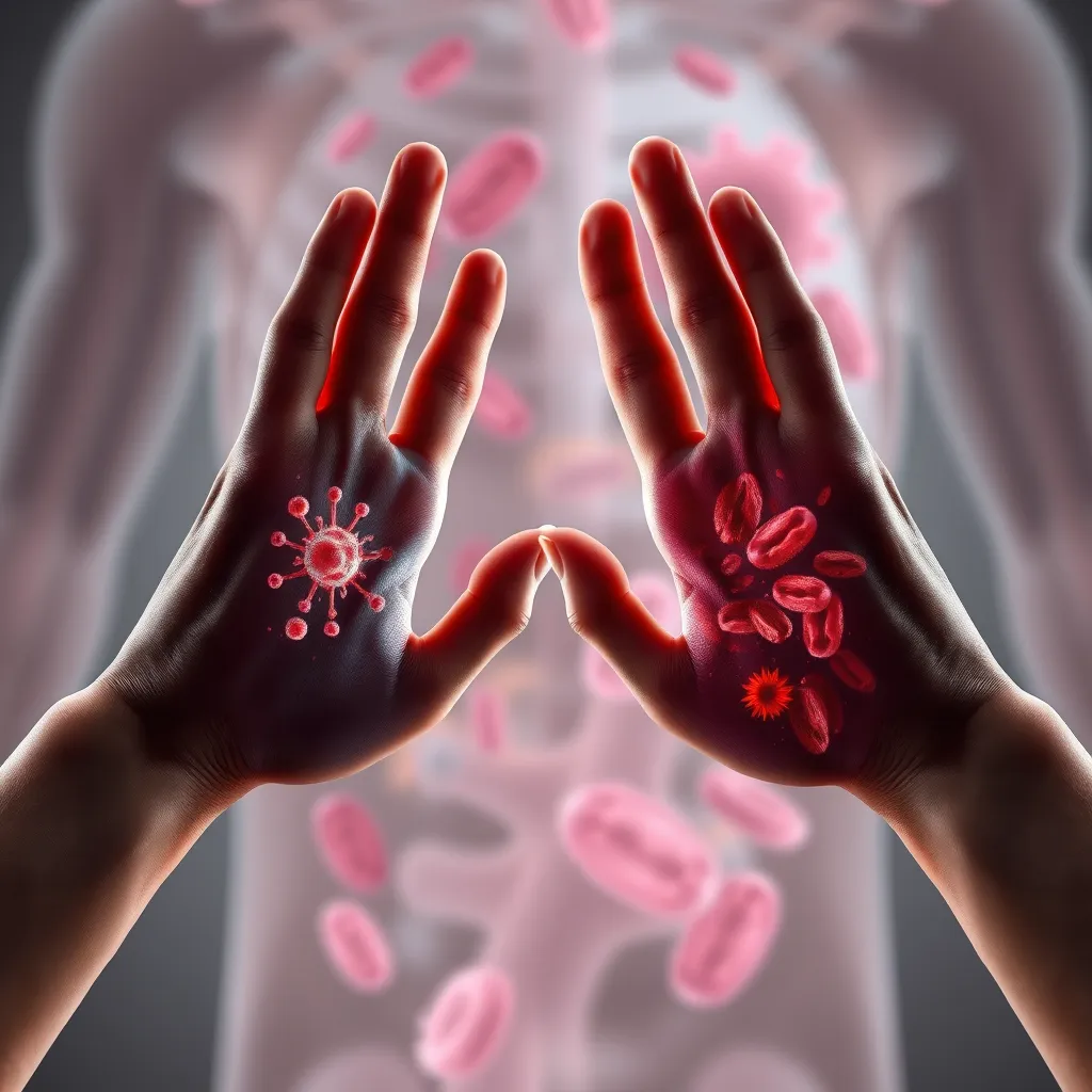 A photorealistic image depicting two hands, one representing a healthy immune system with vibrant cells and the other representing an autoimmune disorder with inflamed, distorted cells. The background should be a hazy, abstract representation of a body with the autoimmune cells attacking healthy cells.