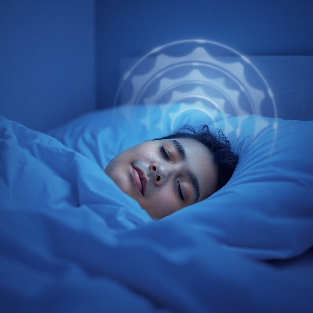 A photorealistic image depicting a person sleeping soundly in a dimly lit room. Gentle theta waves visually emanate from their head, subtly illuminating the surrounding space. The composition focuses on the peaceful expression of the sleeping person and the calming colors of the room (soft blues and purples). Subtle textures on the bedding and walls add realism. Diffused lighting emphasizes the feeling of tranquility. Camera angle: close-up on the sleeping person's face. Focus on serenity.