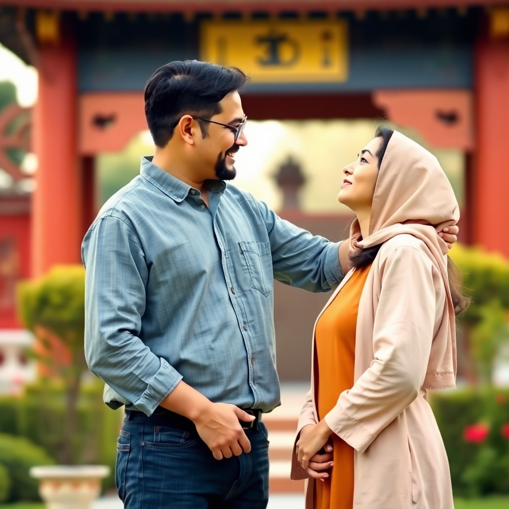 A photorealistic image depicting two people having a conversation. One person is guiding the other, who is looking up with hope and inspiration. Use a warm and inviting color palette. The background should be a serene and peaceful setting, such as a garden or a temple. The overall tone should be supportive and empowering.