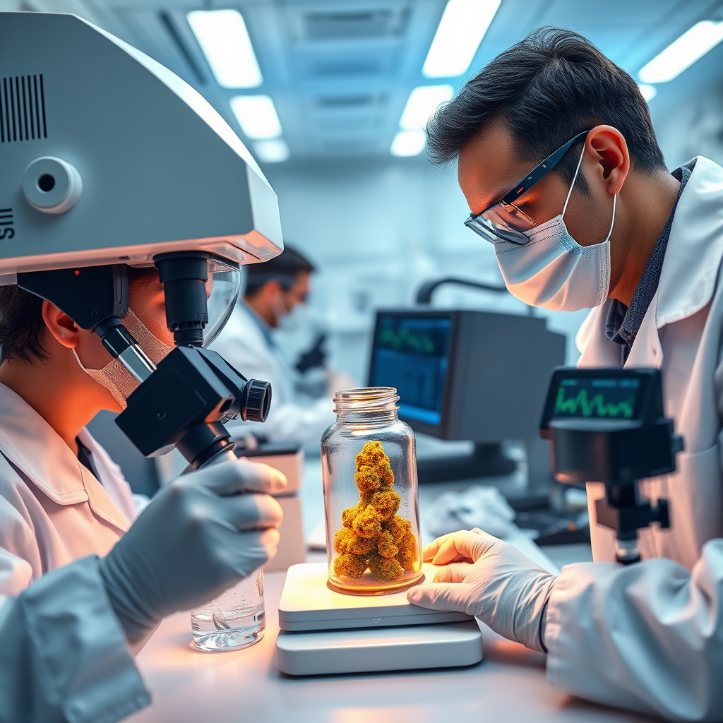 A photorealistic image depicting a cannabis product undergoing rigorous testing in a laboratory. Scientists are analyzing the product using advanced equipment. The atmosphere is sterile and professional. The image should convey the importance of quality control in a regulated market. Camera angle: close-up, focusing on the testing equipment and the scientists' faces. Add subtle details like data screens and lab coats. 4K resolution, high quality.