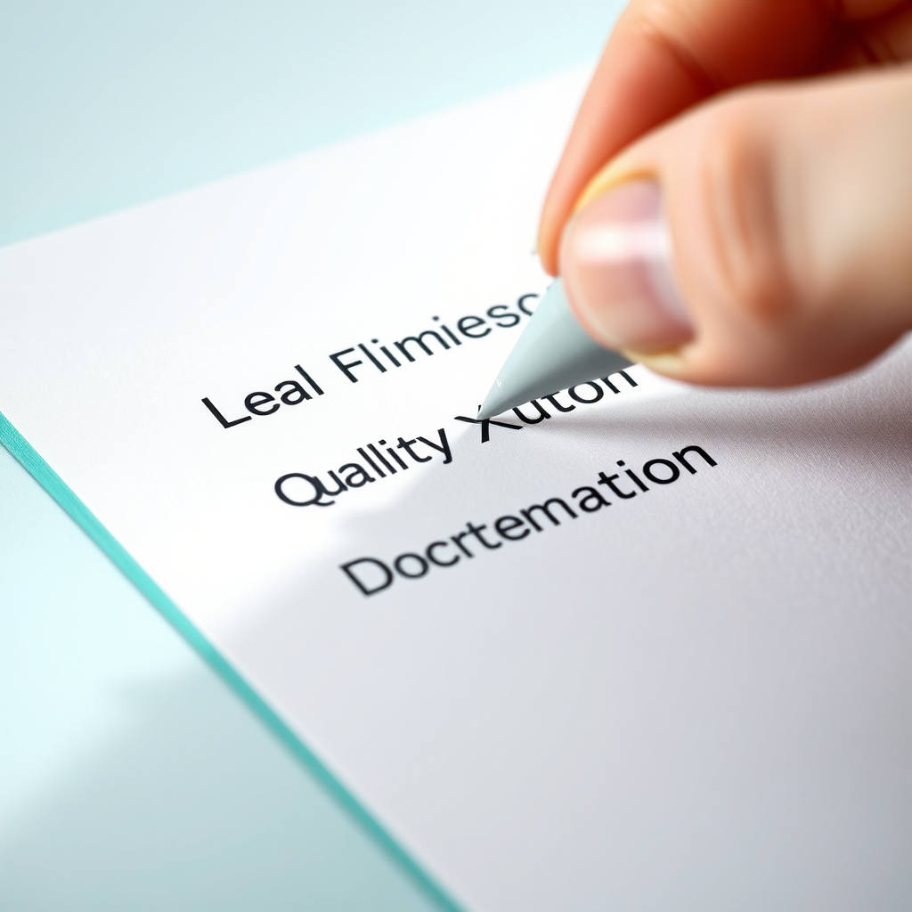 A photorealistic image depicting a checklist with items such as 'Legal Compliance', 'Quality Control', and 'Documentation'. A hand is shown ticking off the boxes on the checklist. The color palette is clean and professional, with shades of green, white, and blue dominating. The lighting is bright and even, providing clear visibility of the checklist. The camera angle is close-up, emphasizing the details of the checklist and the hand. Textures are crisp and clear, conveying a sense of precision and authority. Style is reminiscent of corporate photography. The image should evoke a sense of organization and control, highlighting the importance of compliance strategies.