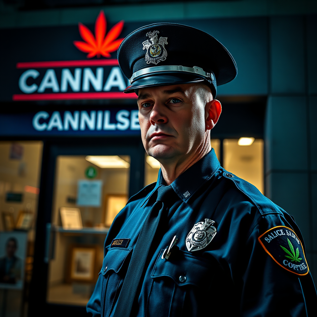 A photorealistic image depicting a Norfolk police officer in uniform, standing in front of a cannabis dispensary. The lighting is dramatic, with strong shadows and highlights. The color palette is predominantly blue and gray, conveying a sense of authority and seriousness. The composition should be balanced, with the officer as the central figure. This image should evoke a sense of caution and awareness.
