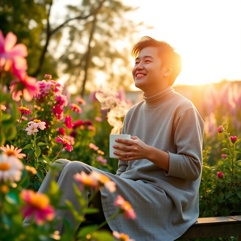 A photorealistic image depicting a person sitting peacefully in a sun-drenched garden, surrounded by blooming flowers and lush greenery.  They are holding a steaming mug and looking thoughtfully at a sunrise, smiling peacefully. The mood should be serene and grateful.  High detail, sharp focus, natural lighting, vibrant colors.