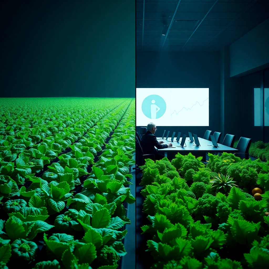 A photorealistic image depicting a split screen. One side shows a lush green field with rows of healthy vegetables, representing plant-based diets. The other side shows a shadowy corporate boardroom, with executives gathered around a table, subtly manipulating graphs showing market trends. The overall style should be high contrast, symbolizing the conflicting interests.