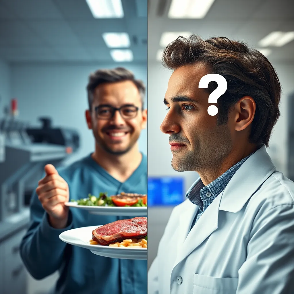 A photorealistic image depicting a split-screen scenario. One side shows a person looking healthy and vibrant with a plate of meat, while the other side shows a person feeling unwell with a question mark above their head. The background should be a medical research laboratory with data visualizations highlighting the uncertainty.