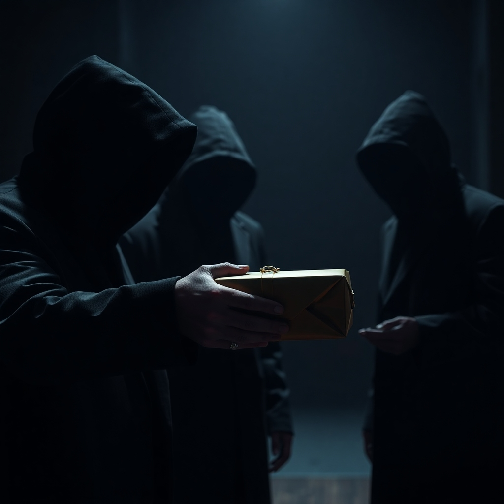 A photorealistic image depicting a shadowy figure handing over a mysterious package in a clandestine meeting. The background should be dark and ambiguous, with a focus on the figures' hidden faces. The lighting should be low-key, creating a feeling of secrecy and suspicion. The overall mood should convey hidden agendas and a lack of transparency
