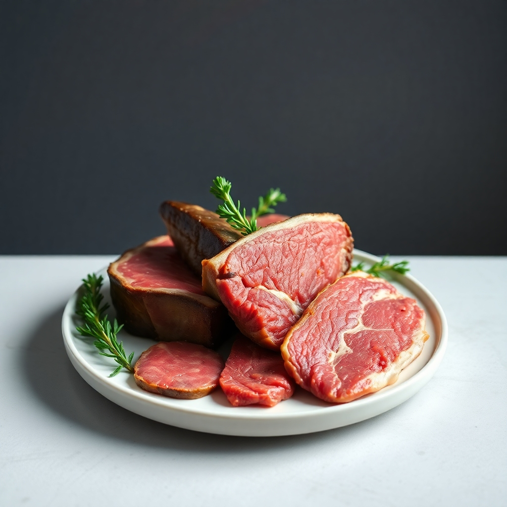 A photorealistic image depicting a balanced plate of various cuts of meat, prepared simply, without sauces or added sugars. The background should be minimalist and clean, focusing attention on the natural colors and textures of the meat. The lighting should enhance the juicy appearance of the meat, and the overall feeling should be one of health and wholesomeness.