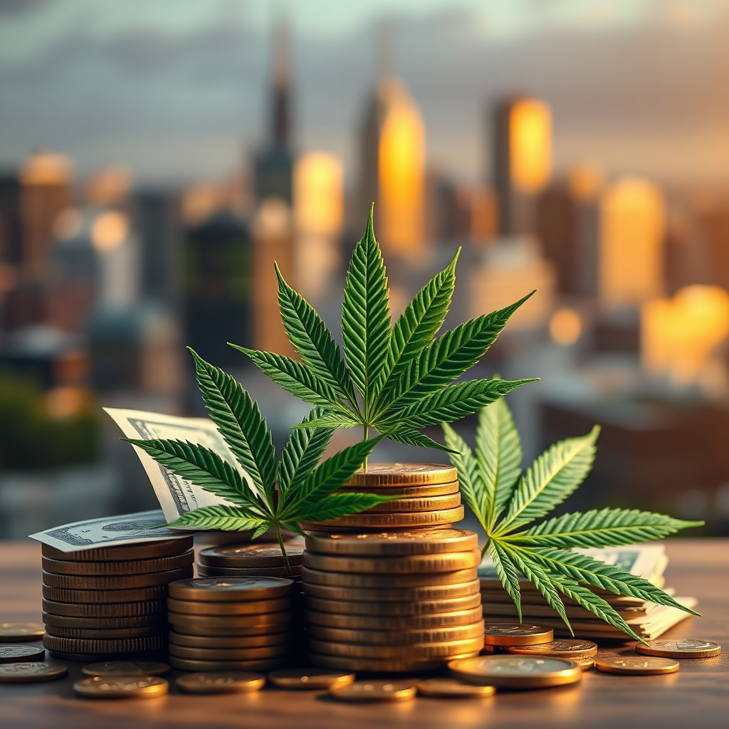 A photorealistic image depicting a stack of coins and dollar bills, with cannabis leaves subtly integrated into the design. The background features a blurred cityscape of Norfolk. The lighting is warm and inviting, conveying a sense of prosperity and opportunity. The color palette is predominantly green and gold.