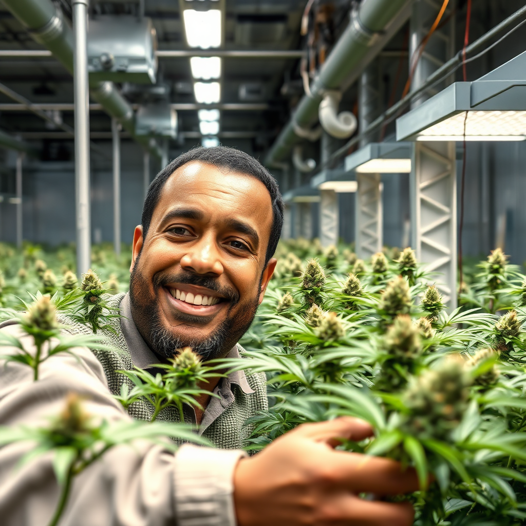 A photorealistic image depicting a Virginia cannabis grower inspecting their crop in a state-of-the-art greenhouse. The plants are healthy and thriving, and the grower is smiling confidently. The greenhouse is equipped with advanced technology and lighting systems. The image should convey the dedication and expertise of Virginia's cannabis growers. Camera angle: close-up, focusing on the grower's face and the quality of the plants. Add subtle details like sweat on the grower's brow and intricate details of the plant's leaves and buds. 4K resolution, high quality.