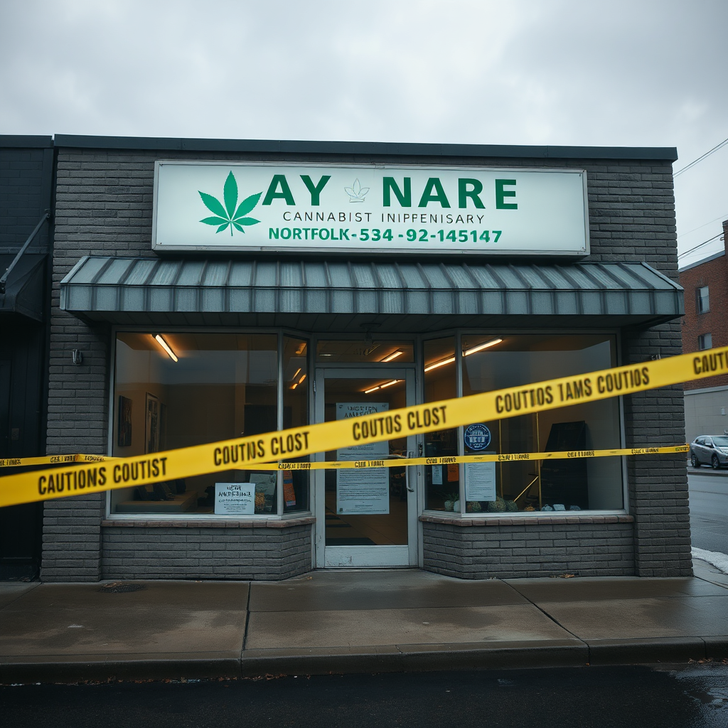 A photorealistic image depicting the exterior of a closed gray market cannabis dispensary in Norfolk. Caution tape is visible, along with a notice from law enforcement. The lighting is overcast, creating a somber mood. Focus on the details of the building's facade and the signage of the dispensary. Technical Specs: 4K, high quality.