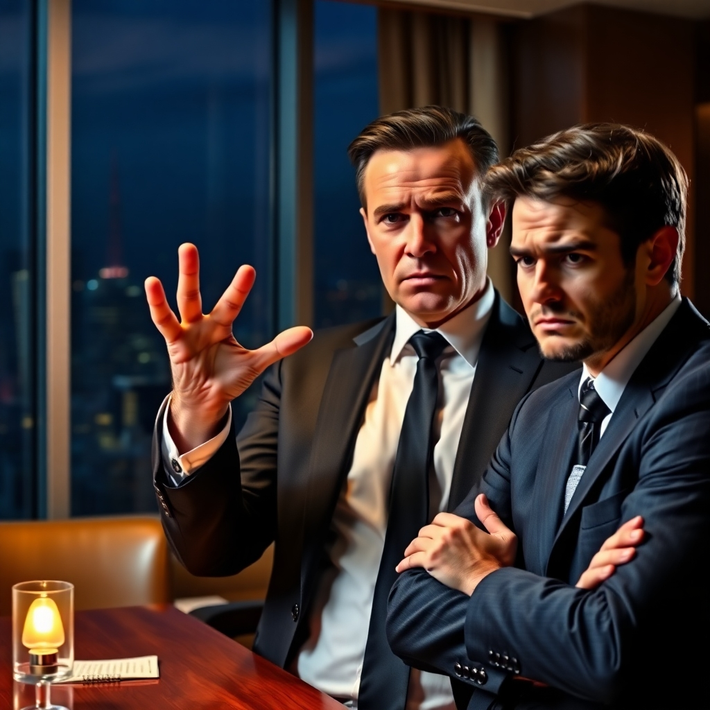 A photorealistic image depicting a slick-looking individual in a sharp suit, making exaggerated hand gestures while promising a large sum of money to a skeptical-looking person. The background should suggest a luxurious setting, like a penthouse office with a cityscape view, contrasting with the anxious expression on the recipient's face. The lighting should be dramatic, highlighting the contrast between the con artist's confidence and the victim's doubt.  The overall mood should be one of suspicion and impending deception.