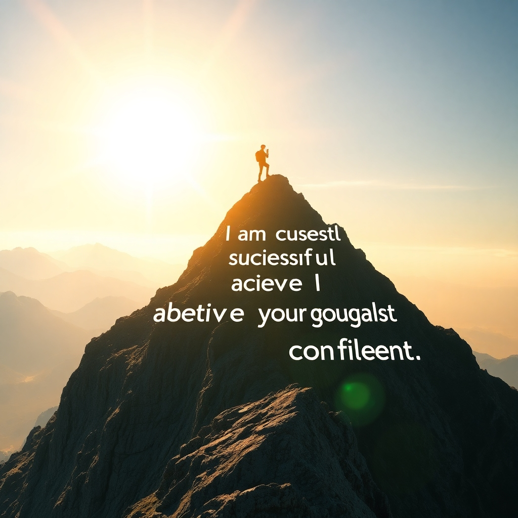 A photorealistic image depicting a person successfully reaching a peak of a mountain, symbolizing achievement of a goal. Positive affirmations like 'I am successful,' 'I achieve my goals,' and 'I am confident' are subtly integrated into the image as if written on the mountain or in the sky, with a bright, radiant sun illuminating the scene.