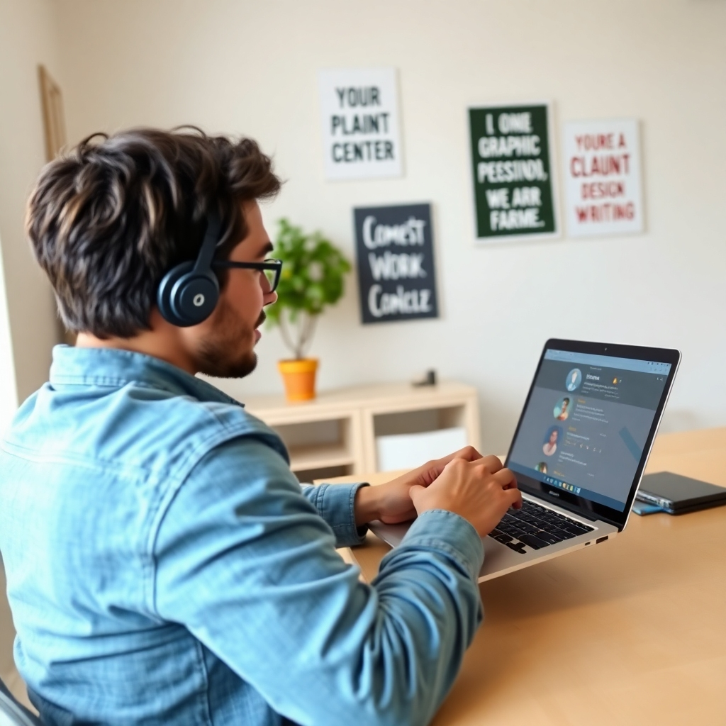 A photorealistic image depicting a person confidently working on a laptop, showcasing various remote work skills on the screen (e.g., coding, graphic design, writing). The background is a bright, airy home office with motivational posters and a plant. The person appears focused and determined. The color palette is balanced and professional, using neutral tones with pops of color. Camera angle is slightly from the side, showing the person's engagement with their work. Style: Modern and aspirational.