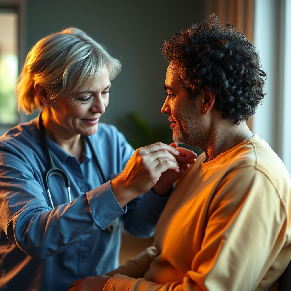 A photorealistic image depicting a caregiver assisting a patient with their medical cannabis treatment. The scene should convey a sense of compassion and support. The lighting should be warm and inviting, creating a sense of trust and understanding. Camera angle: Medium close-up, focusing on the interaction between the caregiver and patient. Style: Modern healthcare photography.