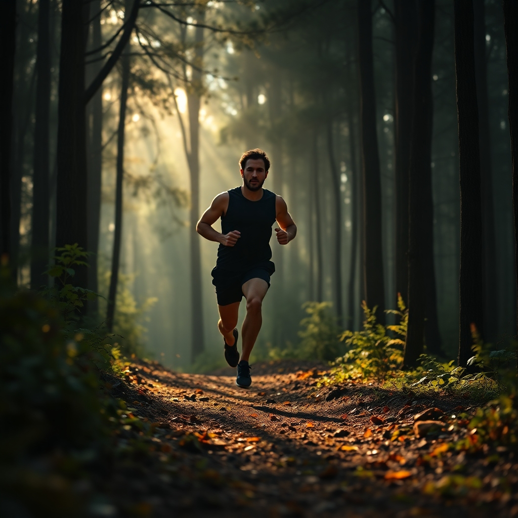 A photorealistic image depicting a person running through a forest, representing overcoming obstacles. The runner should be fit and determined. Include a subtle visual element that relates to meat or a carnivore diet, perhaps a subtle shadow of a steak or a red hue that is reminiscent of meat. The image should convey a sense of progress, strength, and overcoming challenges.