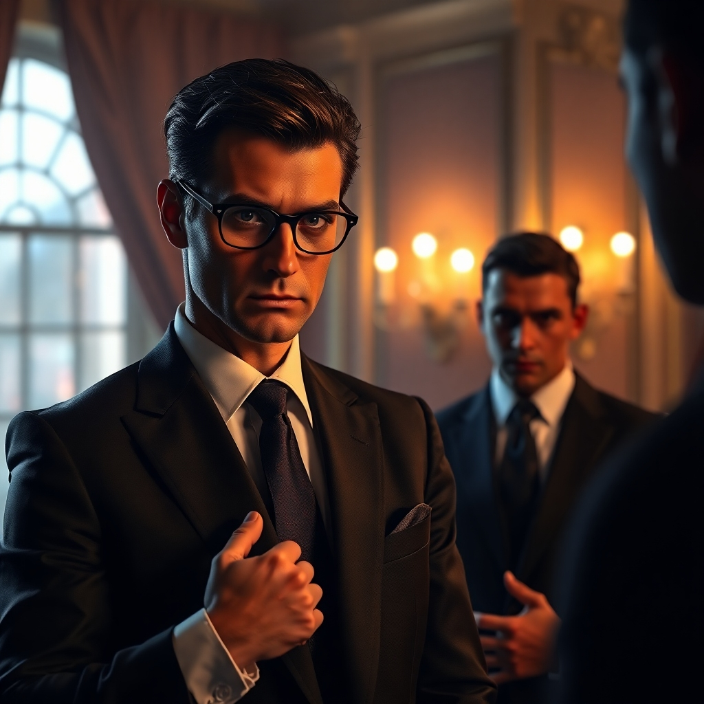 A photorealistic image depicting a slick-looking individual in a sharp suit, confidently promising a large sum of money to a skeptical-looking person, with a background suggesting a luxurious, yet slightly shady, environment. The lighting should be dramatic, emphasizing the contrast between the grifter's charm and the victim's apprehension. The image should have a cinematic feel, like a still from a suspenseful movie.