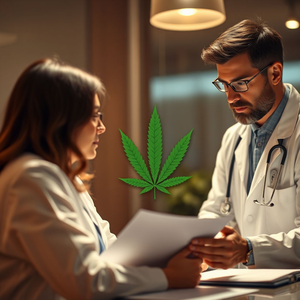 A photorealistic image depicting a doctor consulting with a patient, reviewing medical records. A cannabis leaf is subtly incorporated into the background, symbolizing medical treatment. The lighting should be warm and inviting, creating a sense of trust and understanding. Camera angle: Medium close-up, focusing on the interaction between the doctor and patient. Style: Modern medical photography.