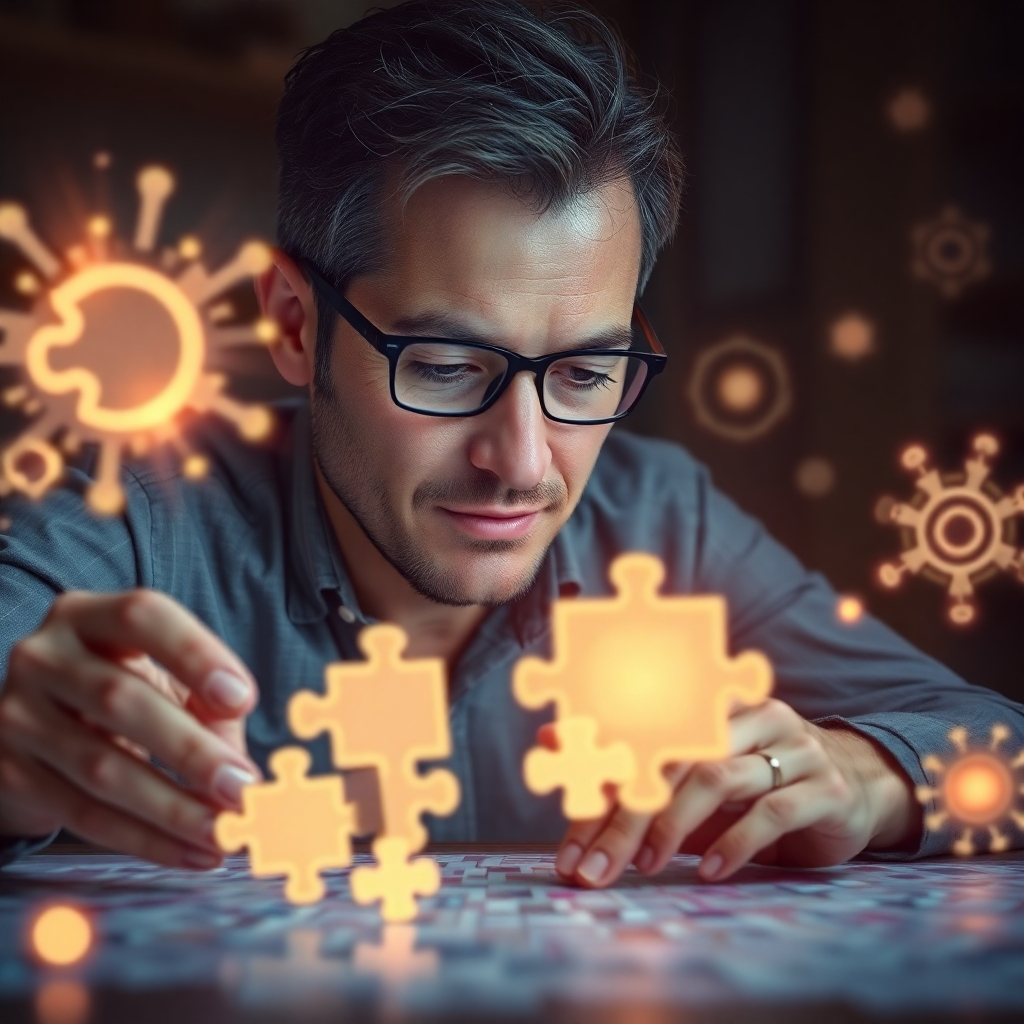 A photorealistic image depicting a person thoughtfully working on a complex puzzle, their expression focused but relaxed.  Surrounding them are glowing, abstract shapes representing ideas and solutions.  The overall mood should be positive and energetic, conveying a sense of clarity and progress.