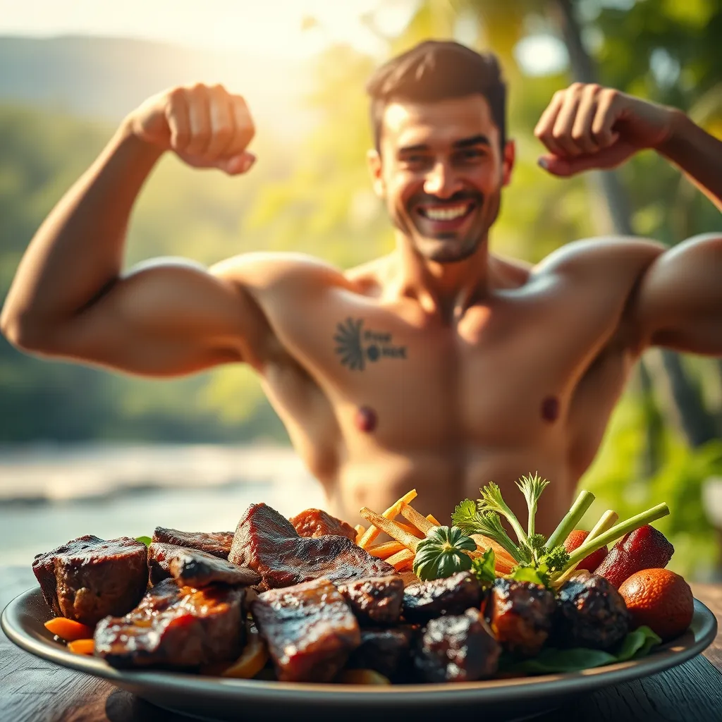 A photorealistic image depicting a person looking strong, healthy, and energized, with a plate of delicious, meat-based meals in the foreground. The background should feature a vibrant and natural setting, such as a lush forest or a sunny beach, emphasizing the connection between a meat-rich diet and a thriving lifestyle.