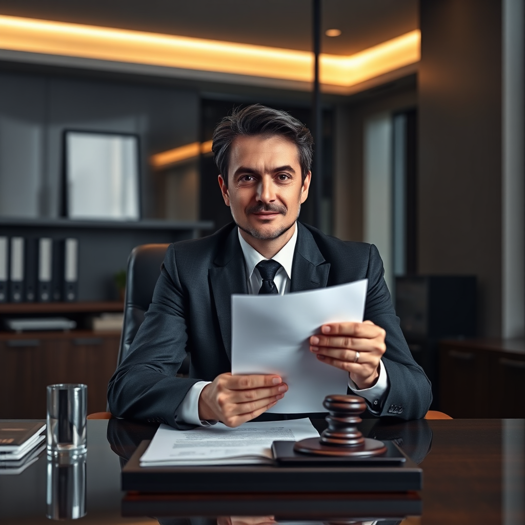 A photorealistic image depicting a lawyer sitting at a desk in a modern office. The lawyer is holding a legal document and looking directly at the camera with a confident expression. The color palette is professional and authoritative, with shades of gray, black, and brown dominating. The lighting is warm and inviting, creating a sense of trust and competence. The camera angle is eye-level, fostering a sense of connection with the subject. Textures are rich and detailed, conveying a sense of experience and expertise. Style is reminiscent of portrait photography. The image should evoke a sense of confidence and reliability, highlighting the importance of expert legal advice.
