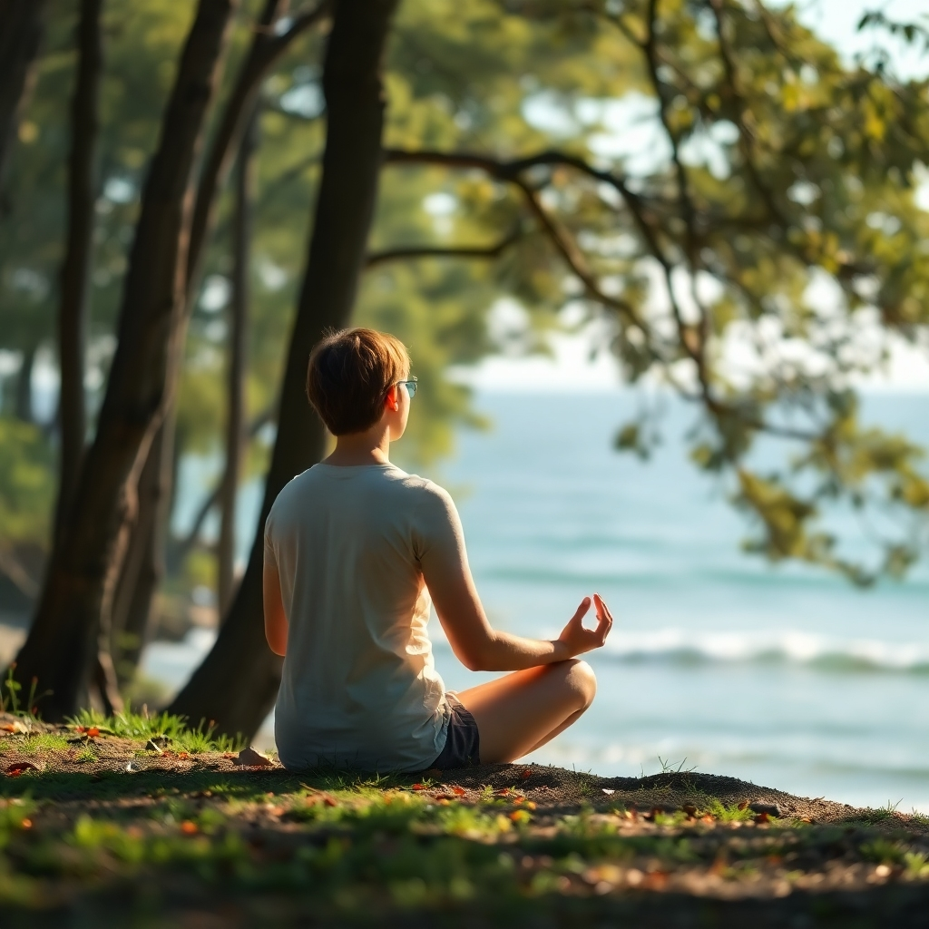 A photorealistic image depicting a person meditating peacefully in a serene natural setting, such as a forest or near the ocean. The lighting should be soft and diffused, with a calming color palette. The image should evoke a sense of tranquility and inner peace.