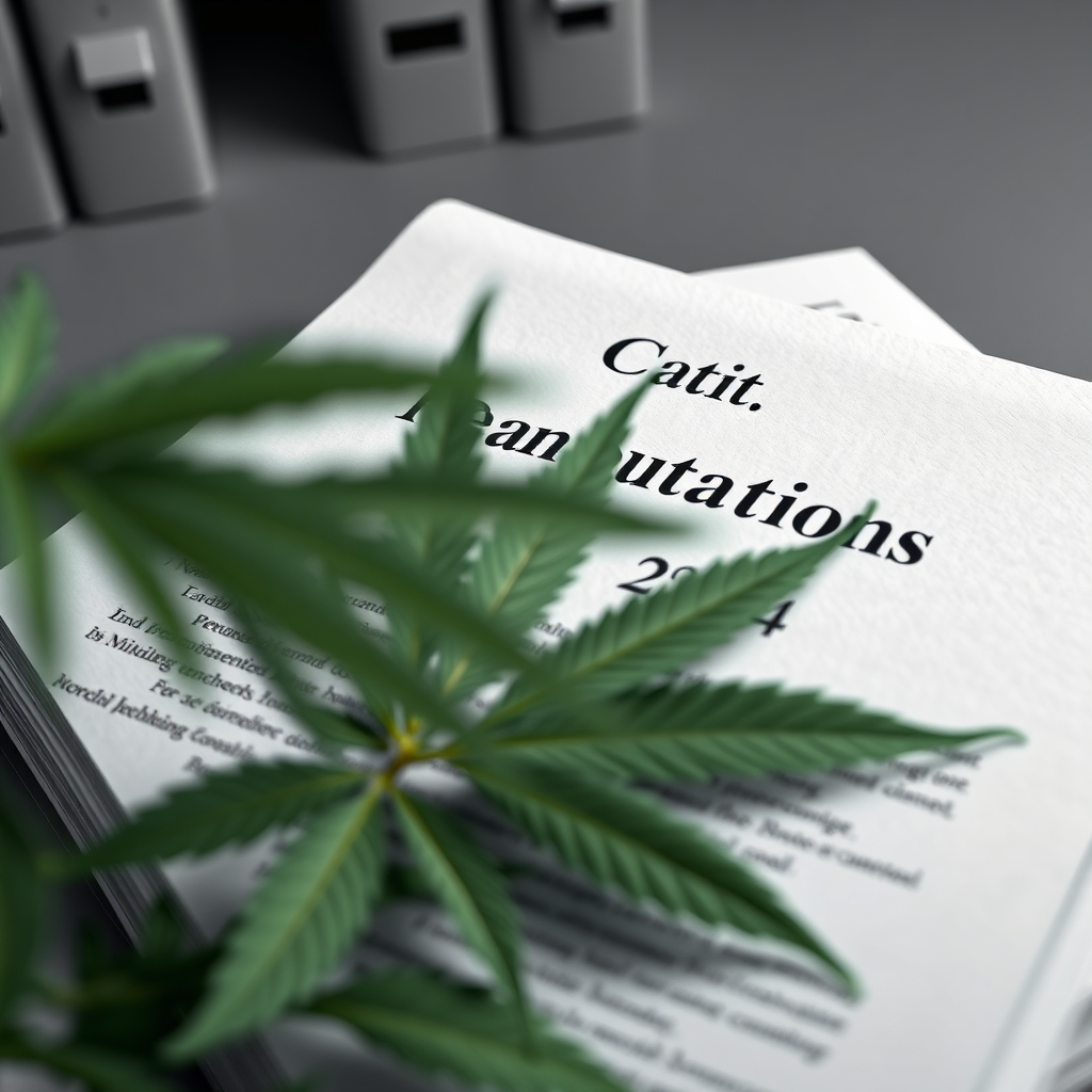 A photorealistic image depicting a stack of legal documents with the title 'Norfolk Cannabis Regulations 2024' on the top page. The documents are partially obscured by a cannabis leaf. The lighting is focused on the documents, highlighting their importance. The color palette is muted, with shades of gray and green. The camera angle is close-up, emphasizing the details of the documents and the cannabis leaf. Textures are crisp and clear, conveying a sense of precision and authority. Style is contemporary legal imagery. The setting is a clean, modern office. The image should evoke a sense of formality and legal authority, tempered with the presence of cannabis.
