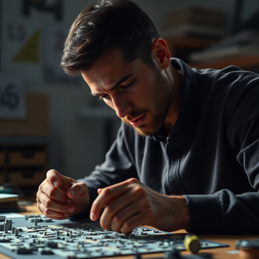 A photorealistic image depicting a person thoughtfully working through a complex puzzle or intricate design, their expression focused yet serene.  The background should suggest a workspace that is organized and calming. Light should illuminate the scene, enhancing the sense of clarity and focus. The image should convey a feeling of quiet determination and problem-solving success.