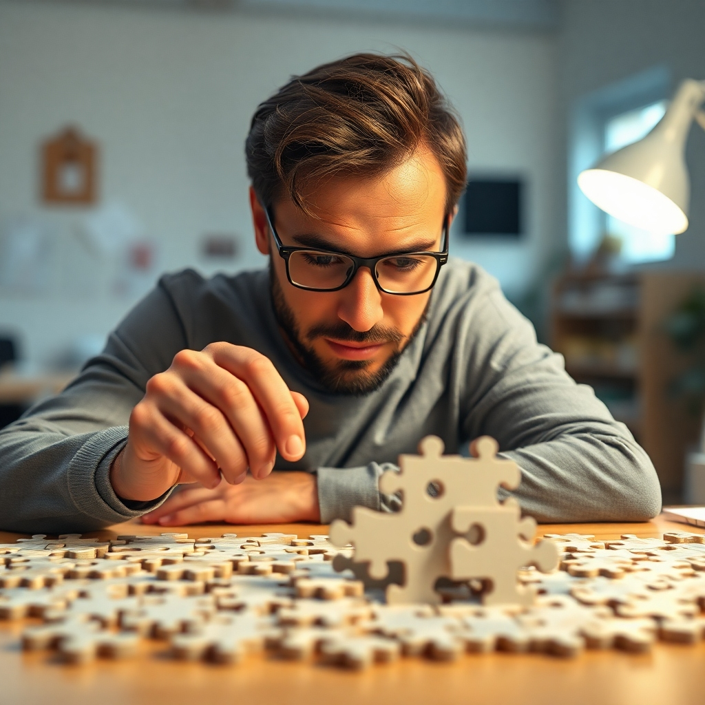 A photorealistic image depicting a person thoughtfully looking at a complex puzzle almost completed. The background should show a bright and airy workspace, with soft light and calming colors. The focus is on determination and calm problem-solving, conveying a sense of accomplishment close at hand.