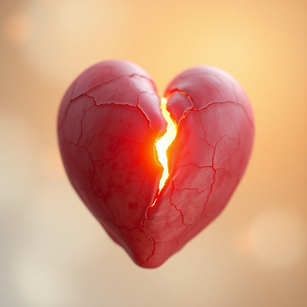A photorealistic image depicting a heart with cracks being gently filled with golden light. The golden light represents positive affirmations and self-compassion. The background is soft and blurred, symbolizing the past fading away. The color palette is warm and comforting, featuring hues of gold, rose, and lavender. The camera angle is a close-up, focusing on the heart and the healing process. Texture details include the rough texture of the cracks and the smooth texture of the golden light. 4K resolution, high quality, conveying a sense of healing, hope, and emotional restoration.