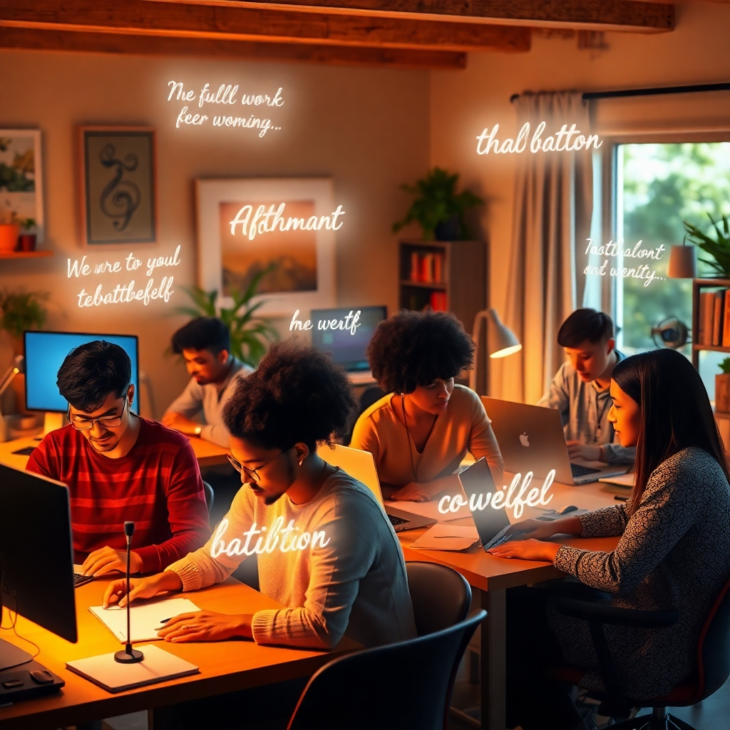 A photorealistic image depicting a diverse group of remote workers engaged in focused work, with subtle holographic affirmations floating around them. These affirmations are displayed as ethereal text, glowing with positive energy. The setting is a variety of home office environments, showcasing different cultures and workspaces. The lighting is warm and inviting, promoting a sense of calm focus. The image style is modern and inclusive, with a focus on diversity and representation. Capture the essence of empowerment and positive mental reinforcement through visual storytelling. Emphasize how affirmations enhance the remote work experience by creating a positive and supportive mental atmosphere.