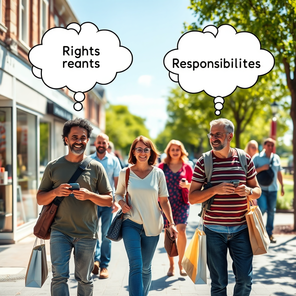 A photorealistic image depicting a diverse group of Norfolk residents engaging in everyday activities, such as shopping and walking in the park. Each person has a thought bubble above their head displaying the words 'Rights' and 'Responsibilities'. The background is a sunny Norfolk street scene. The lighting is bright and cheerful, creating a sense of optimism. The camera angle is eye-level, fostering a sense of connection with the subjects. Textures are vibrant and detailed, capturing the essence of Norfolk's community. Style is approachable and inclusive, referencing lifestyle photography. The image promotes awareness and responsible consumption within the community.