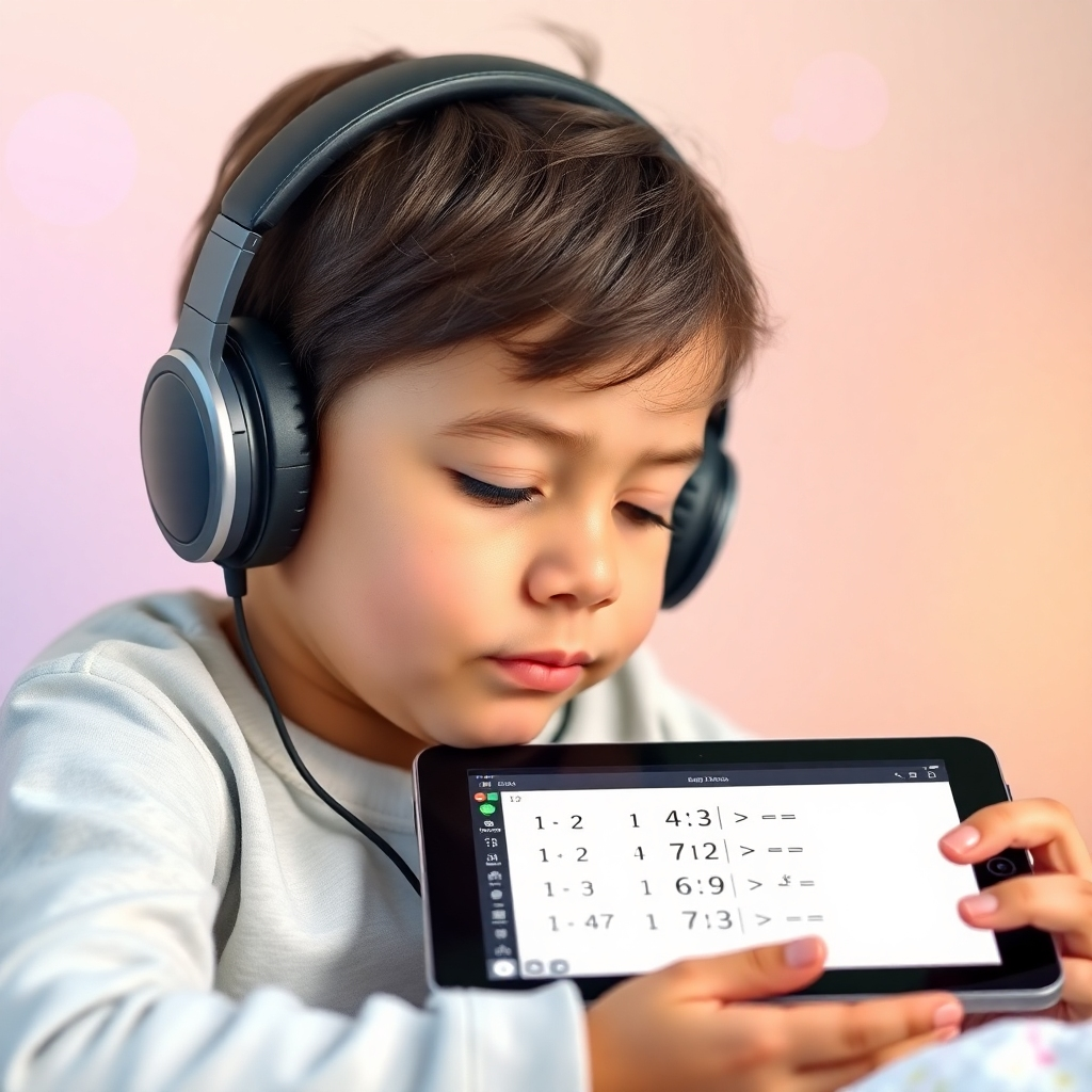 A photorealistic image depicting a child wearing headphones and looking relaxed while using a tablet showing math problems. The background should subtly include a visualization of 432Hz sound waves, with calming pastel colors. The lighting is soft and warm. The style should promote relaxation and concentration.