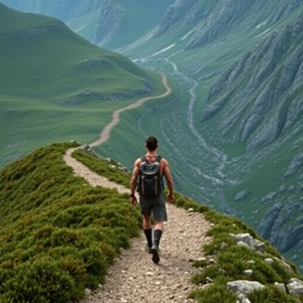 A photorealistic image depicting a path winding through a lush green landscape that transitions into a rocky, mountainous terrain.  A person is shown walking confidently along the path, carrying a backpack. The backpack has some visible glimpses of lean meat. The landscape represents the journey, highlighting the challenges and eventual rewards of the carnivore diet. The person symbolizes commitment and the overall success and strength.