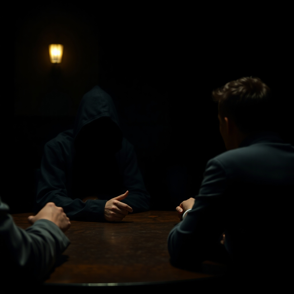 A photorealistic image depicting a shadowy figure, partially obscured, sitting across a table from someone trying to get answers. The shadowy figure is evasive, avoiding eye contact and using ambiguous language. The setting should be dimly lit, perhaps a backroom or a poorly lit café.  The lighting should emphasize the mystery surrounding the con artist, contrasting it with the well-lit face of the questioning individual, highlighting their confusion and frustration. The overall mood should convey mistrust and a lack of clarity.
