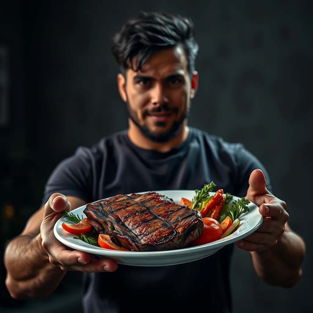 A photorealistic image depicting a person confidently holding a plate of steak and vegetables, with a sense of determination and positive change, reflecting the journey of transitioning to a carnivore diet.